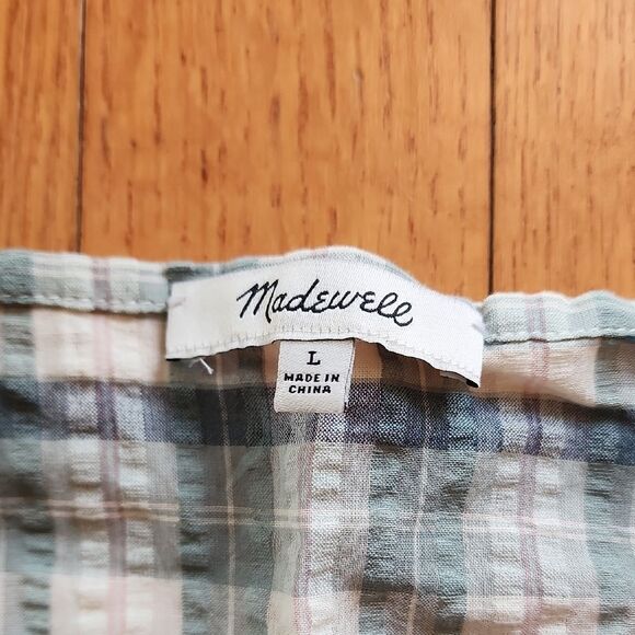 Madewell Blue Plaid Puff Sleeve Blouse- Women's Size Large - Picture 2 of 4